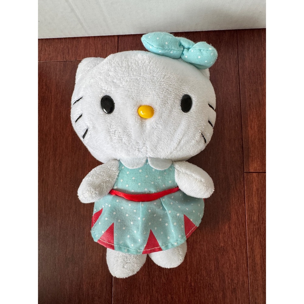 Sanrio Hello Kitty Plush Teal Polka Dot Dress Red Bow Stuffed Animal 6.5 Inch